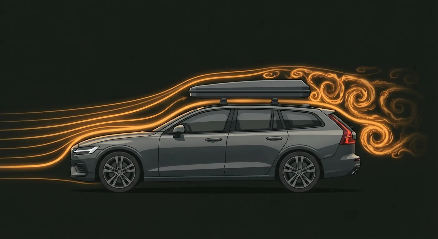 Illustration: Stroemungslinien ueber einem Kombi mit Dachbox – laminare Stroemung bis zur Box, dahinter turbulente Wirbel
