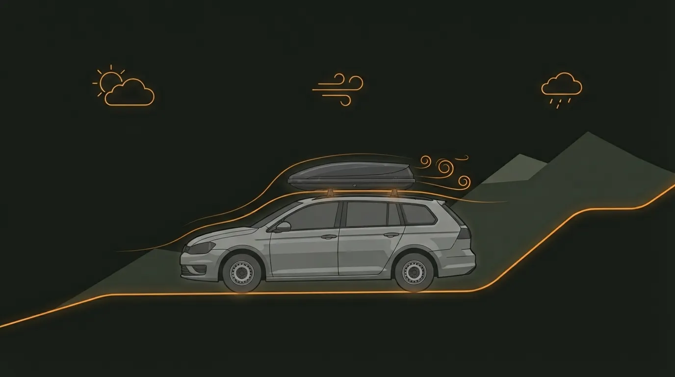 Illustration: Kombi mit Dachbox faehrt auf einer leuchtenden Route ueber ein Hoehenprofil mit Bergen, dazu Wetter-Symbole fuer Sonne, Wind und Regen