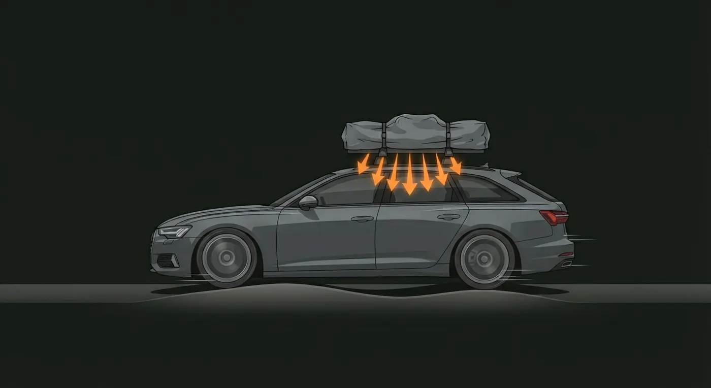 Illustration: Auto mit Dachzelt faehrt ueber eine Bodenwelle, orangefarbene Kraftpfeile zeigen die Stosskraft nach unten in die Traeger