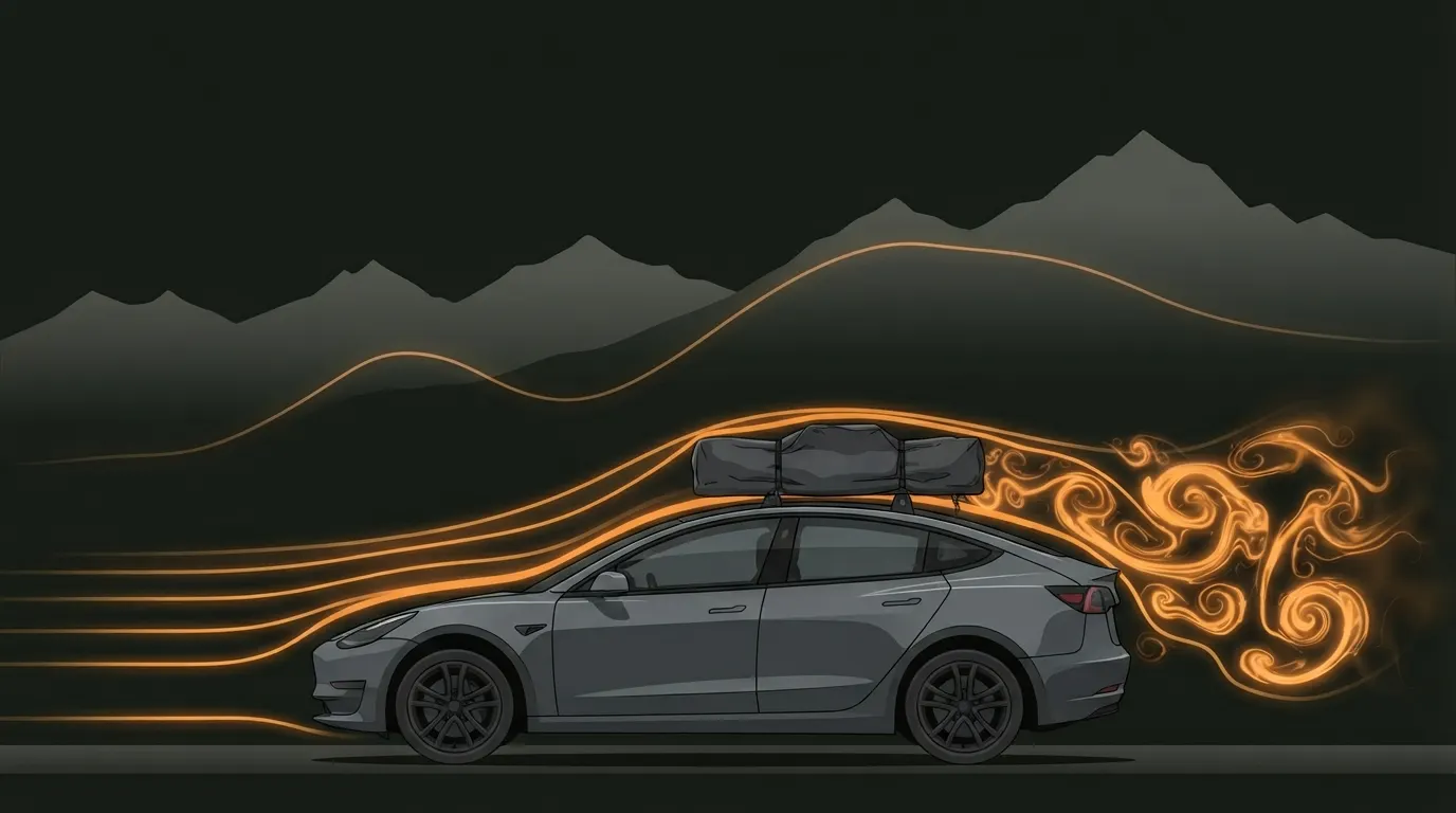 Illustration: Elektro-Limousine mit Dachzelt vor Bergsilhouette, Stroemungslinien und angedeutetes Hoehenprofil der Alpenroute