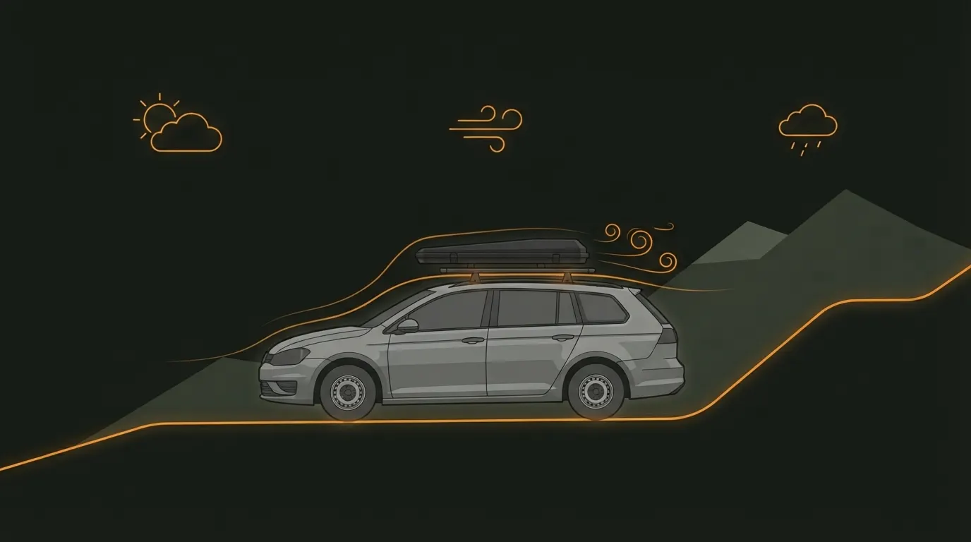 Illustration: Kombi mit Dachzelt faehrt auf einer leuchtenden Route ueber ein Hoehenprofil mit Bergen, dazu Wetter-Symbole fuer Sonne, Wind und Regen sowie Wirbel hinter dem Zelt